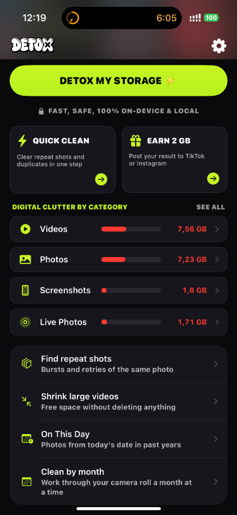 DETOX App Real Storage Cleaner Screen